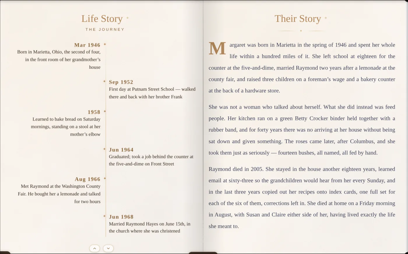 A spread from a Still With Me book showing a life story timeline and a written biography